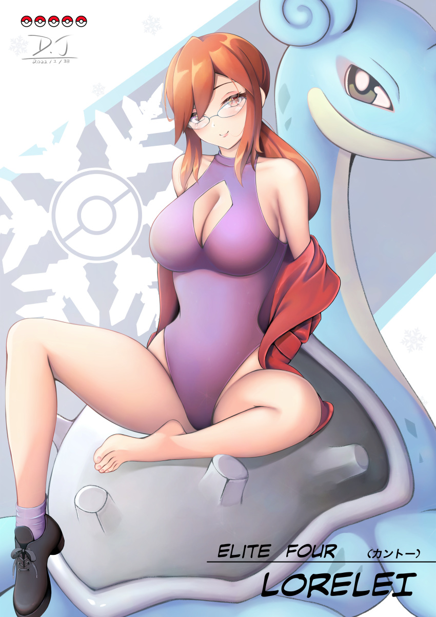 1girl absurdres bare_shoulders black_footwear breasts character_name cleavage cleavage_cutout clothing_cutout d.j_(dwcg2854) full_body glasses highres jacket large_breasts long_hair looking_at_viewer lorelei_(pokemon) one-piece_swimsuit open_clothes open_jacket orange_eyes orange_hair pokemon purple_legwear purple_swimsuit red_jacket shoes single_shoe socks solo swimsuit