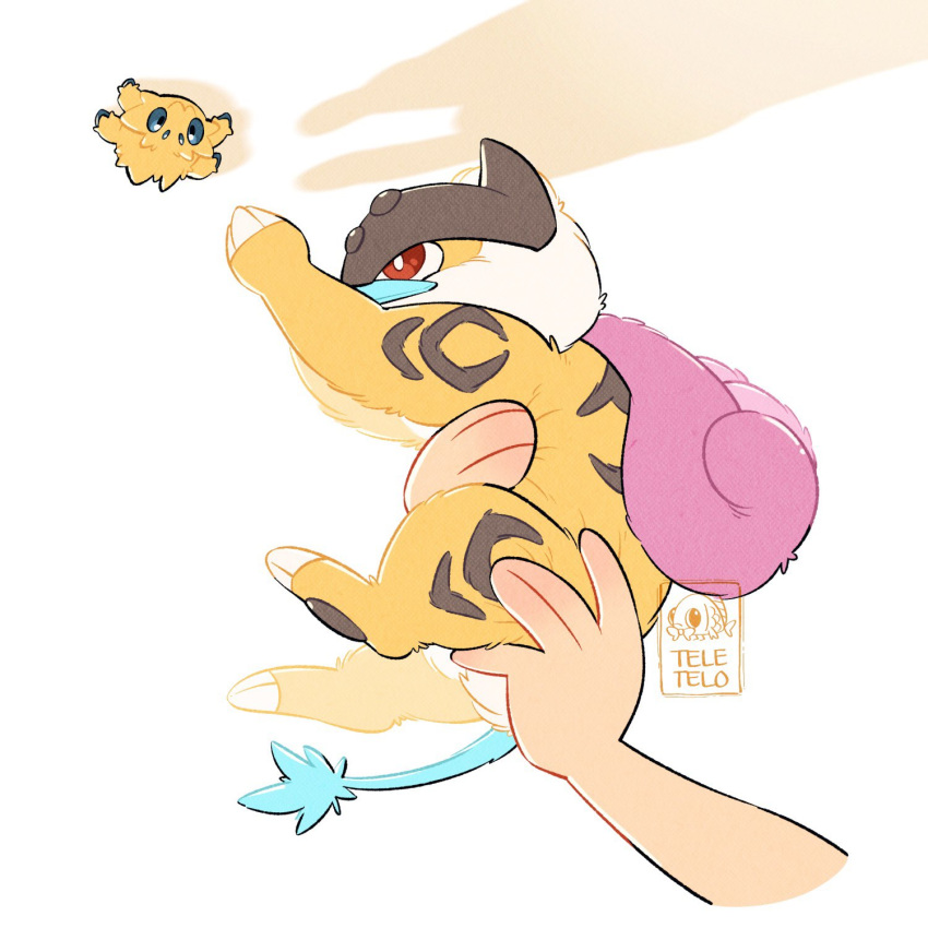 artist_name bright_pupils bug ceiling claws commentary disembodied_limb from_side highres holding holding_pokemon joltik looking_up photo-referenced pokemon pokemon_(creature) raikou red_eyes teletelo watermark white_pupils yellow_fur