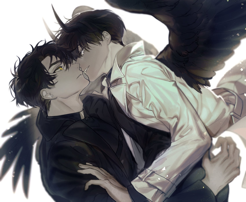 2boys bangs black_coat black_hair black_shirt black_wings blurry blurry_background coat dok-ja_kim eye_contact feathered_wings from_side glowing glowing_eyes hands_on_another's_shoulders highres horns joonghyuk_yoo korean_commentary light_particles long_sleeves looking_at_another mgmg_1012 multiple_boys omniscient_reader's_viewpoint parted_bangs parted_lips shirt short_hair sideways_mouth simple_background smile thick_eyebrows white_background white_coat white_eyes wings yaoi yellow_eyes