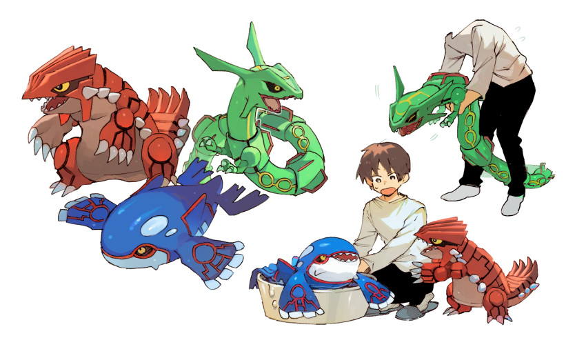 1boy alternate_size black_pants black_sclera brown_hair claws colored_sclera commentary_request grey_legwear groudon holding holding_pokemon kyogre long_sleeves looking_down newo_(shinra-p) open_mouth pants pokemon pokemon_(creature) rayquaza shirt short_hair simple_background slippers socks sweatdrop washtub white_background yellow_eyes