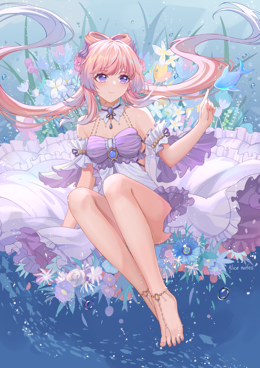 1girl air_bubble artist_name bare_legs barefoot barefoot_sandals blush breasts brooch bubble cleavage closed_mouth commentary_request convenient_leg detached_collar detached_sleeves dress fish flower frilled_dress frills full_body gem genshin_impact gradient_hair hair_ornament hair_rings highres jewelry lixiang_guo_alice long_hair medium_breasts multicolored_hair purple_background purple_eyes purple_hair sangonomiya_kokomi short_dress short_sleeves sidelocks sitting smile solo twintails two-tone_dress underwater very_long_hair vision_(genshin_impact) white_dress wide_sleeves