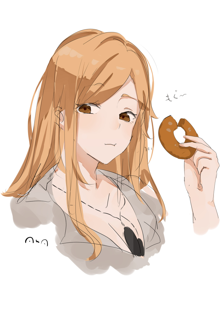 1girl artist_name bangs blonde_hair breasts brown_eyes cleavage closed_mouth cropped_torso doughnut eating eyebrows_visible_through_hair food girls'_frontline grey_shirt highres holding holding_food jewelry long_hair looking_at_viewer m2hb_(girls'_frontline) medium_breasts necklace shirt solo sutekina_awa upper_body white_background