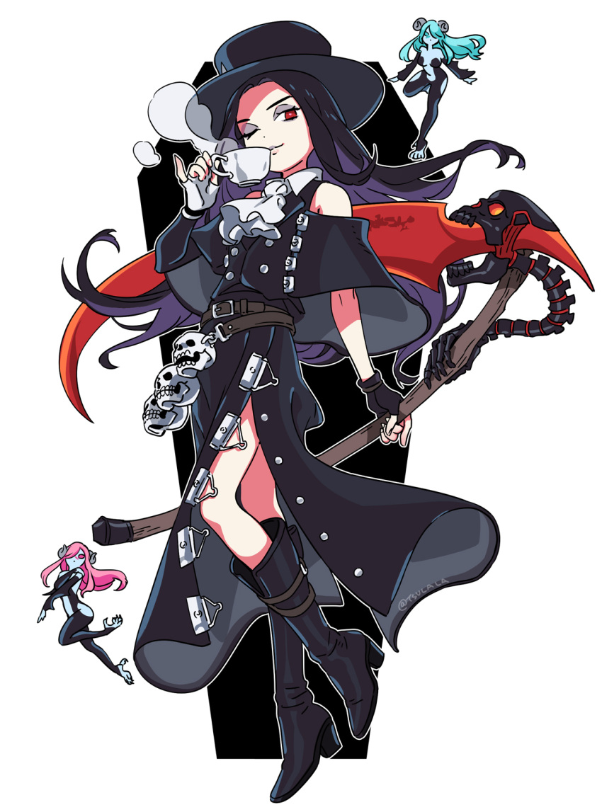 1other 2girls androgynous ascot asymmetrical_gloves asymmetrical_sleeves bare_shoulders belt black_gloves black_hair blue_hair blue_sclera blue_skin boots bright_pupils closed_mouth colored_sclera colored_skin cup demon_girl demon_horns fingerless_gloves full_body gloves guilty_gear guilty_gear_strive hair_over_one_eye hat highres holding holding_cup holding_scythe horns leg_up long_hair long_skirt looking_at_viewer minigirl mismatched_gloves multiple_girls no_pupils off-shoulder_shirt off_shoulder one_eye_closed outline pink_hair pink_sclera red_eyes rem_(artist) scythe shirt side_slit simple_background skirt skirt_set skull smile solo teacup testament_(guilty_gear) top_hat weapon white_ascot white_background white_gloves white_outline white_pupils