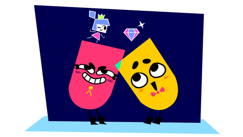 ambiguous_gender animate_inanimate big_eyes blush boots clothing crown diamond_(gem) female footwear gem group humanoid intersex intersex/female open_mouth red_body ribbons smile snipperclips somefoolfp tabs waddling_head