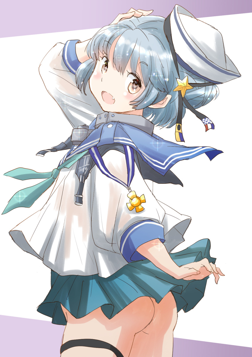 1girl aqua_neckerchief aqua_skirt ass black_ribbon blue_hair blue_sailor_collar commentary_request cowboy_shot dixie_cup_hat double_bun from_behind fuji_(pixiv24804665) hat hat_ribbon highres kantai_collection long_sleeves military_hat miniskirt navy_cross neckerchief no_panties pleated_skirt ribbon sailor_collar samuel_b._roberts_(kancolle) school_uniform serafuku shirt short_hair skirt sleeve_cuffs solo white_headwear white_shirt yellow_eyes