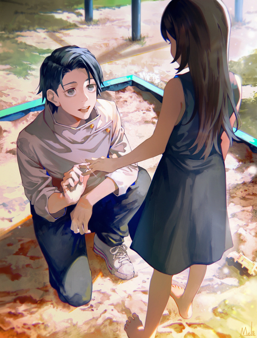 1boy 1girl absurdres bangs barefoot black_dress black_eyes black_hair black_pants day dress full_body highres jacket jewelry jujutsu_kaisen kyuuba_melo long_hair looking_at_another okkotsu_yuuta one_knee open_mouth orimoto_rika outdoors pants ring sandbox shoes short_hair sleeveless sleeveless_dress smile white_footwear white_jacket