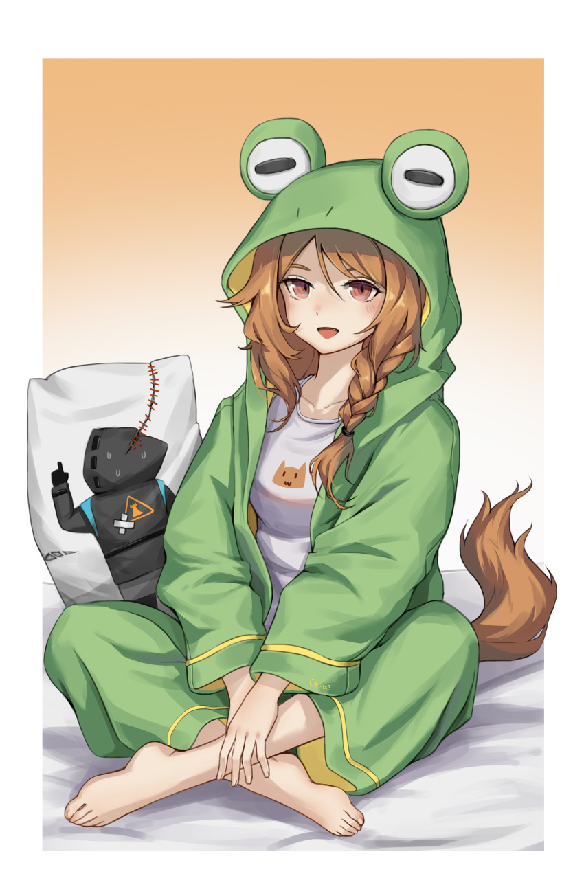 1girl absurdres animal_hood arknights bangs barefoot braid brown_eyes brown_hair ceobe_(arknights) dakimakura_(object) doctor_(arknights) dog_tail frog_hood gradient gradient_background green_jacket highres hood indian_style jacket long_hair long_sleeves lunn orange_background pillow shirt single_braid sitting solo t-shirt tail white_shirt