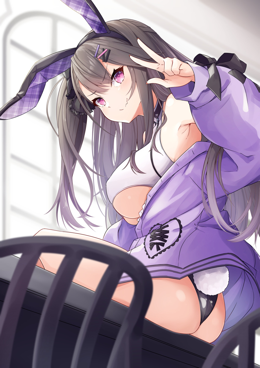 1girl absurdres animal_ears armpits ass azur_lane bare_shoulders black_hairband blush breasts brown_hair chair closed_mouth eyebrows_visible_through_hair fake_animal_ears fake_tail fang fang_out from_behind hair_ornament hairband hairclip highres indoors jacket large_breasts leer.meer leotard leotard_under_clothes long_hair long_sleeves looking_at_viewer looking_back off_shoulder on_table one_side_up open_clothes open_jacket pamiat_merkuria_(azur_lane) purple_eyes purple_jacket rabbit_ears rabbit_tail sitting skin_fang smile smug solo table tail underboob v v-shaped_eyebrows very_long_hair window