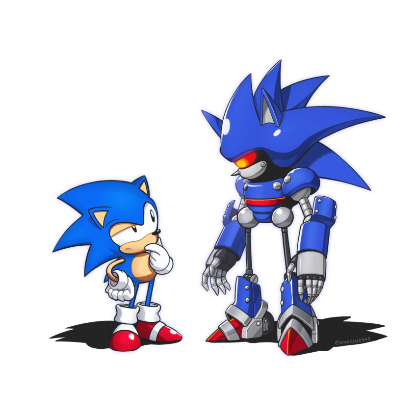 2boys furry gloves half-closed_eye hand_on_own_chin highres male_focus metal_sonic multiple_boys nyaring943 red_footwear robot shoes sonic_(series) sonic_the_hedgehog sonic_the_hedgehog_(classic) white_gloves