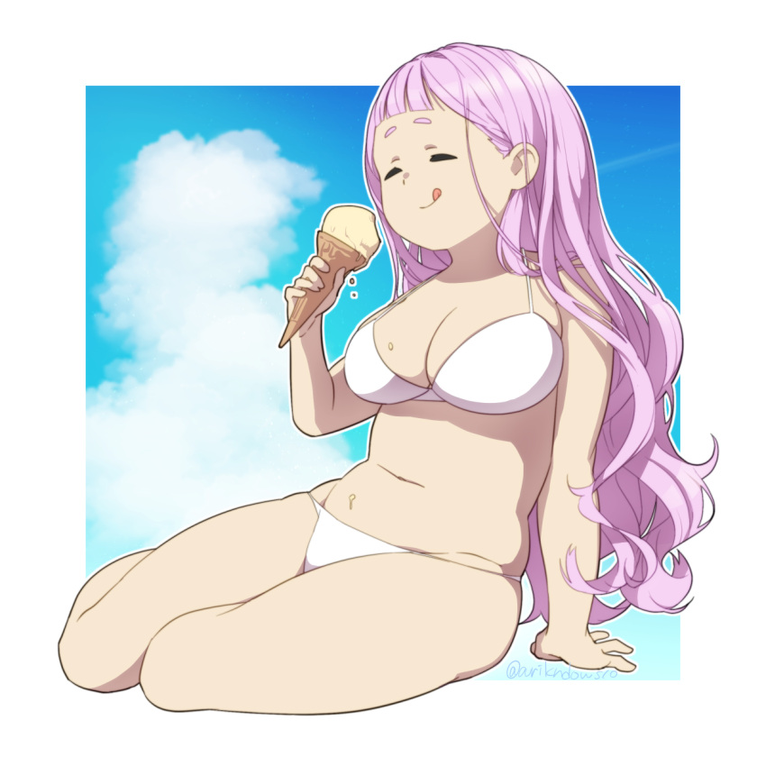 1girl arikindows10 bikini blush breasts cleavage closed_eyes closed_mouth food highres ice_cream jasminka_antonenko large_breasts little_witch_academia long_hair navel pink_hair plump shiny shiny_hair skindentation sky smile solo swimsuit tongue tongue_out white_bikini