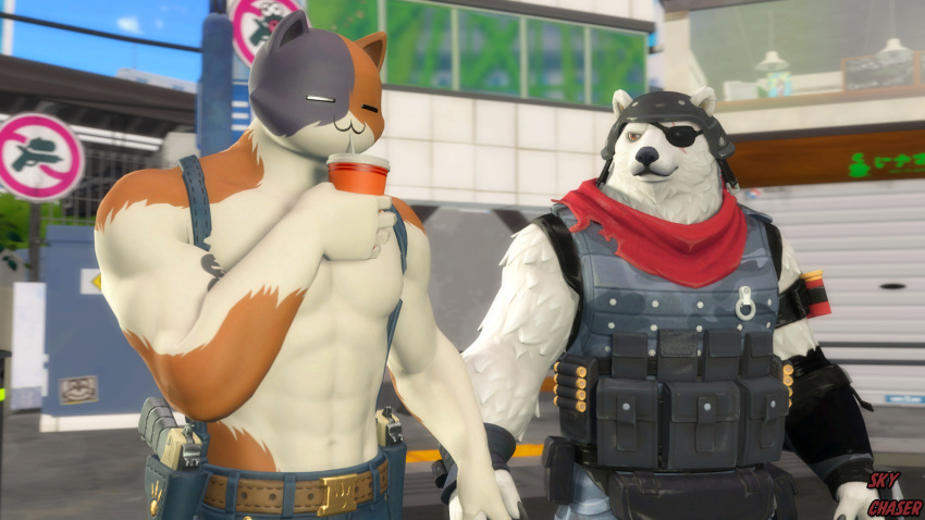 3d_(artwork) anthro calico_cat container cup digital_media_(artwork) domestic_cat drinking duo epic_games felid feline felis fortnite hand_holding hi_res holding_object looking_at_another looking_at_partner male male/male mammal meowscles_(fortnite) mottled muscular muscular_anthro muscular_male piebald polar_bear polar_patroller_(fortnite) romantic romantic_couple sky_chaser smile source_filmmaker ursid ursine video_games