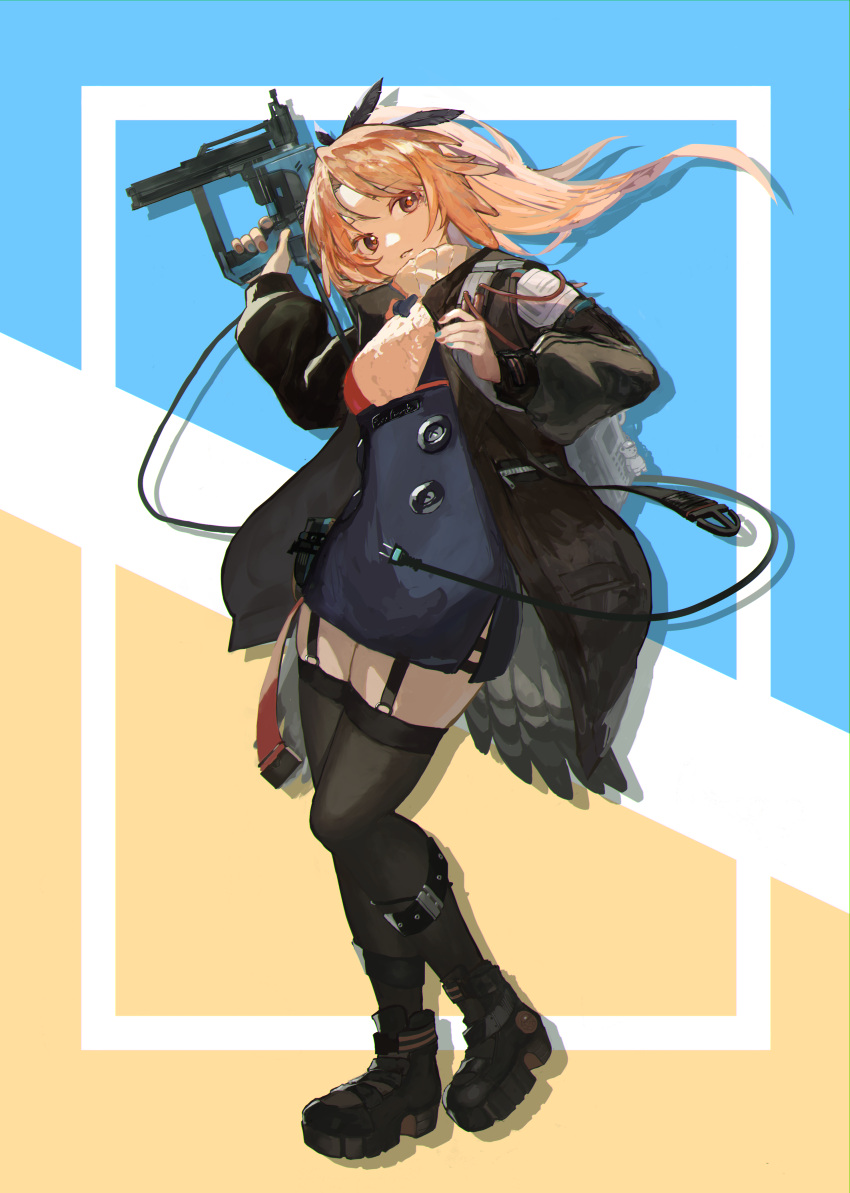 1girl absurdres arknights black_footwear black_jacket black_legwear blonde_hair blue_skirt boots breasts brown_eyes drop_shadow full_body garter_straps gun hand_up high-waist_skirt highres holding holding_gun holding_weapon jacket long_hair long_sleeves looking_at_viewer medium_breasts miniskirt nail_gun open_clothes open_jacket pinecone_(arknights) ponytail sakamoto-san_(chain1397) skirt solo standing sweater thighhighs thighs turtleneck turtleneck_sweater weapon white_sweater