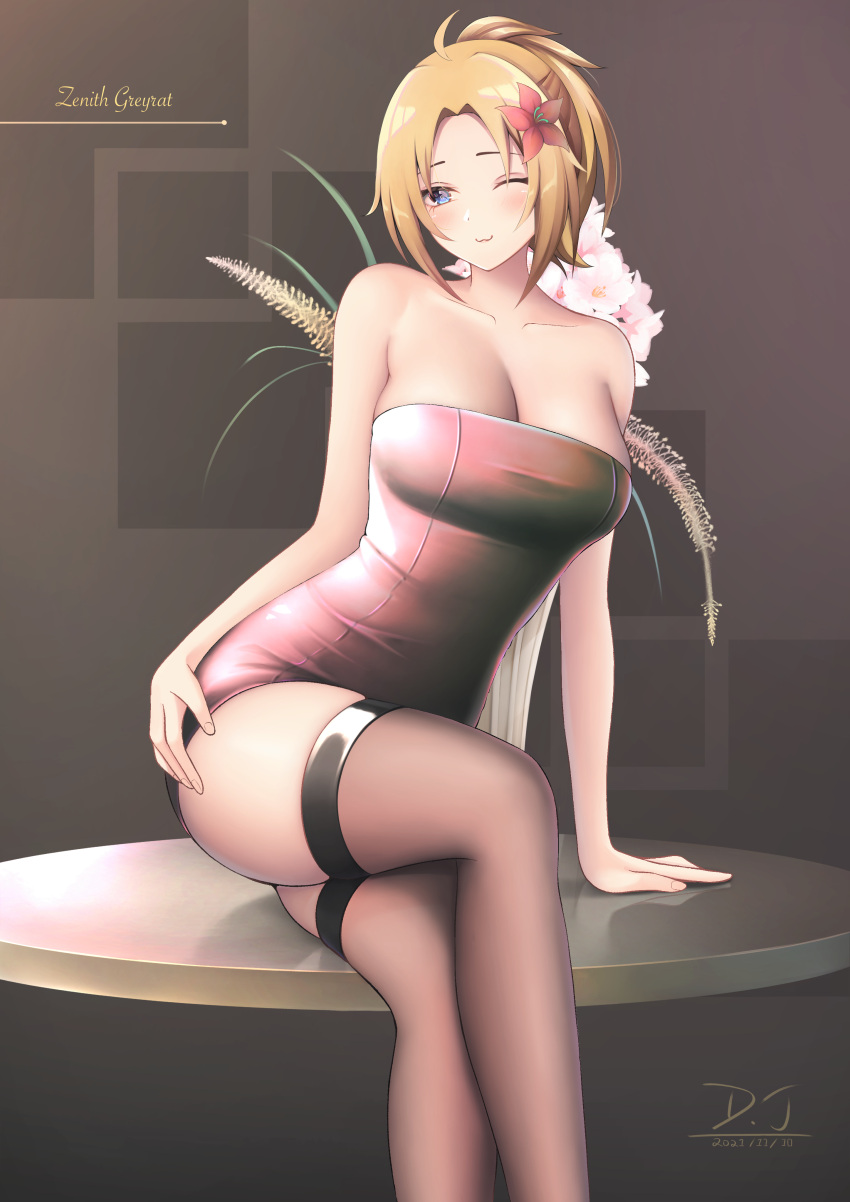 1girl :3 absurdres blonde_hair breasts brown_legwear character_name cleavage d.j_(dwcg2854) dated dress highres large_breasts looking_at_viewer mature_female medium_hair microdress mushoku_tensei one_eye_closed red_dress simple_background sitting solo strapless strapless_dress thighhighs thighs zenith_greyrat