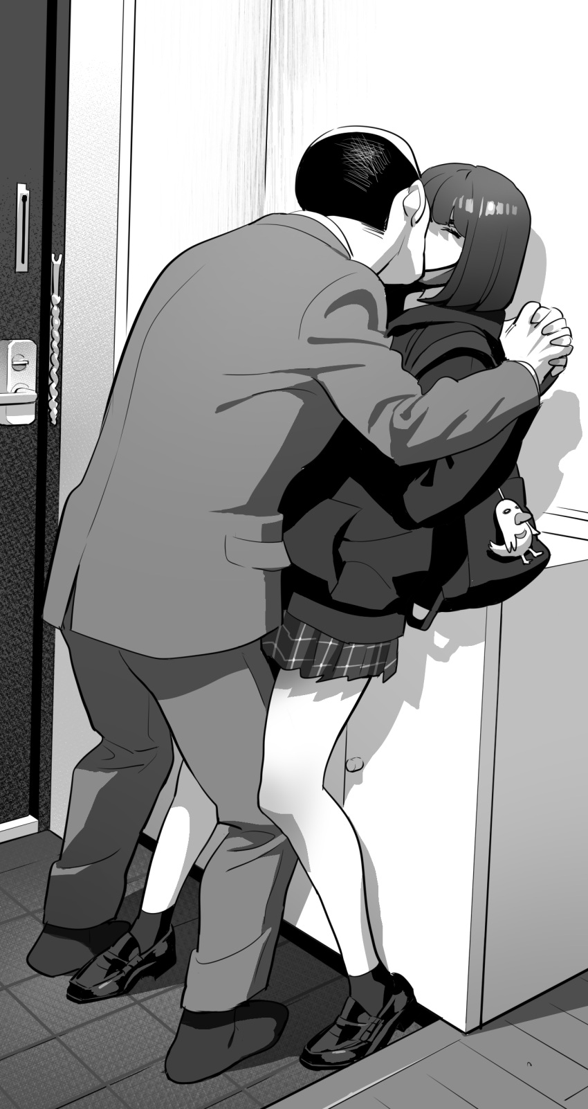 1boy 1girl absurdres age_difference backpack bag balding closed_eyes forced_kiss formal greyscale hallway hetero highres holding_hands hood hood_down hoodie interlocked_fingers jacket leg_between_thighs miniskirt monochrome old old_man original pants plaid plaid_skirt pleated_skirt school_uniform shoes skirt socks suit yukiyoshi_mamizu