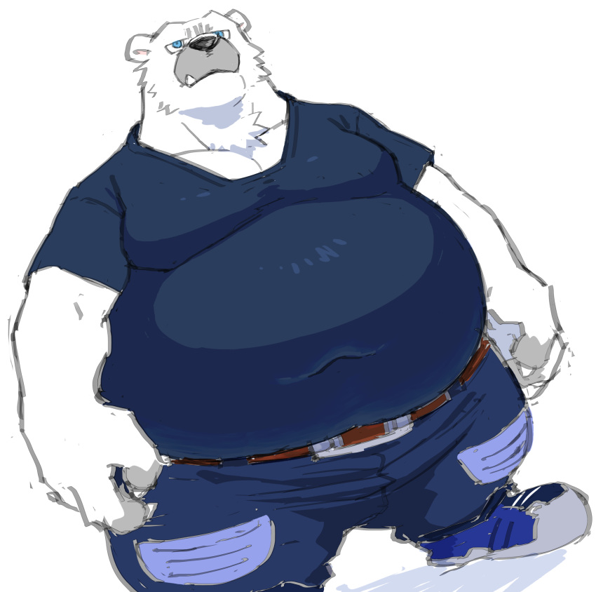 2022 anthro belly big_belly black_nose bottomwear clothing cute_fangs fur gokrakstyle hi_res humanoid_hands kemono male mammal obese obese_male overweight overweight_male pants polar_bear shirt simple_background solo topwear ursid ursine white_background white_body white_fur