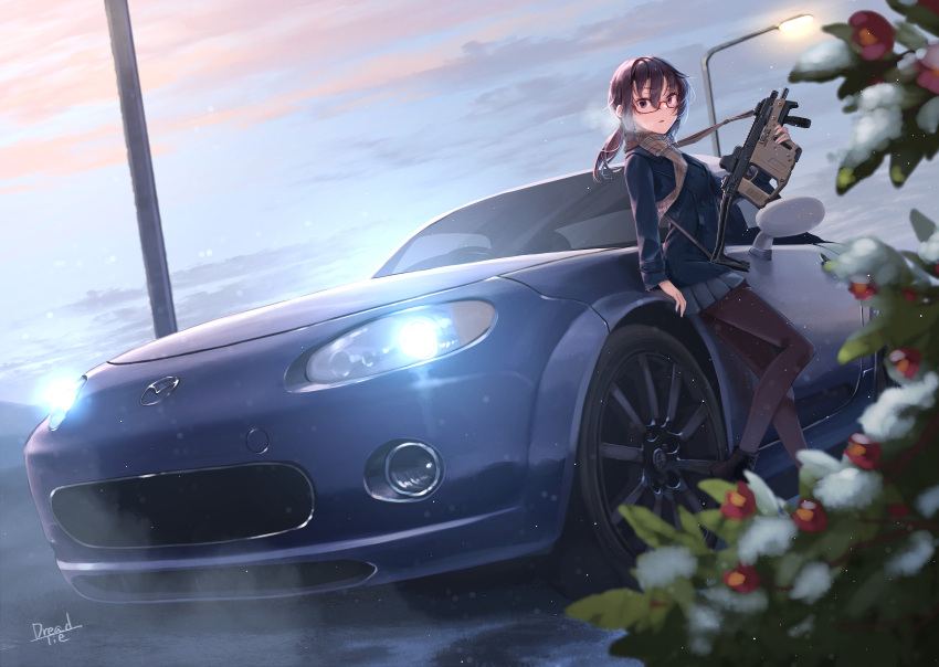 1girl absurdres artist_name bangs black_legwear blue_coat blue_skirt blurry blurry_foreground breath brown-framed_eyewear car cloud cloudy_sky coat commentary_request commission depth_of_field dreadtie dutch_angle eunos_roadster glasses ground_vehicle gun highres holding holding_gun holding_weapon logo long_sleeves makino_chizuru medium_hair miniskirt motor_vehicle original outdoors pantyhose parted_lips partial_commentary pleated_skirt ponytail scarf school_uniform semi-rimless_eyewear signature skeb_commission skirt sky solo standing standing_on_one_leg twilight under-rim_eyewear weapon weapon_request