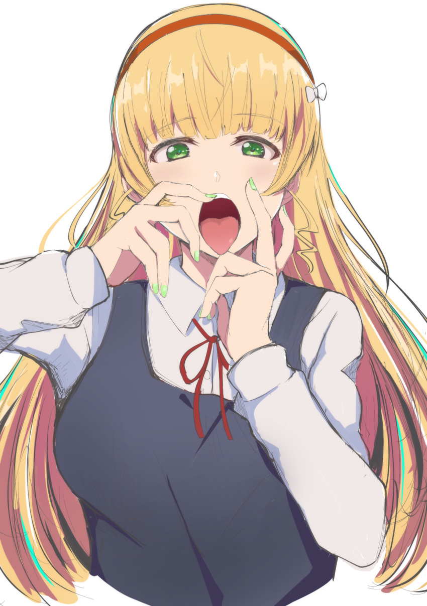 1girl bangs black_vest blonde_hair blunt_bangs breasts cropped_torso eyebrows_visible_through_hair green_eyes green_nails hairband hands_on_own_cheeks hands_on_own_face hands_up heanna_sumire highres large_breasts light_blush long_hair long_sleeves looking_at_viewer love_live! love_live!_superstar!! nail_polish neck_ribbon open_mouth oral_invitation red_hairband red_ribbon ribbon shirt simple_background solo tongue tongue_out upper_body very_long_hair vest wewe white_background white_shirt wing_collar