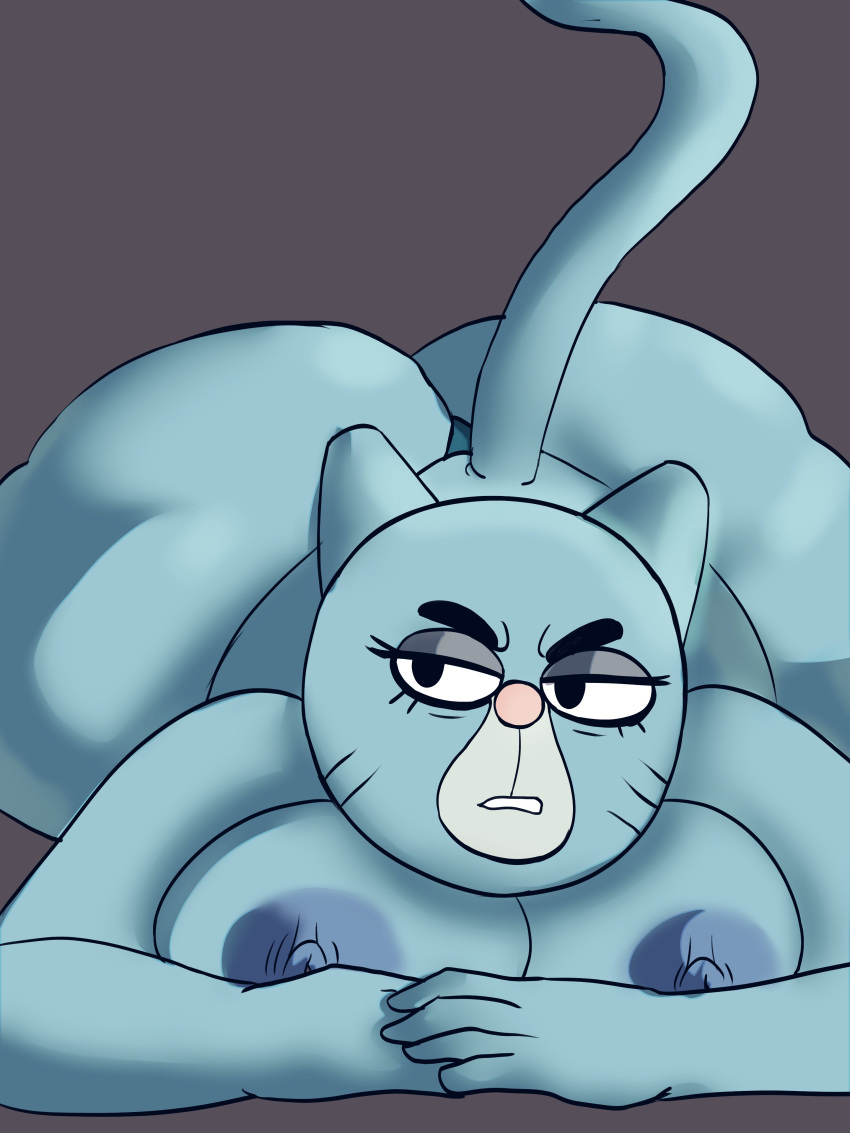absurd_res annoyed areola big_breasts big_butt blue_body blue_fur breasts butt cartoon_network domestic_cat felid feline felis female fur hi_res looking_aside lying mammal mary_senicourt mature_female nipples nude on_front simple_background solo the_amazing_world_of_gumball tool01k