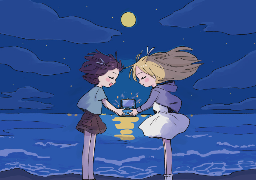 1nupool 2girls ahoge ankle_socks backlighting bangs bare_legs beach blonde_hair blue_shirt blush_stickers bobby_socks box brown_hair brown_shorts closed_eyes closed_mouth cloud cloudy_sky dark dress facing_another feet_out_of_frame floating_hair frilled_legwear frills from_side full_moon hair_ribbon highres holding holding_box holding_toy hood hood_down hooded_jacket horizon jacket lavender_ribbon leaning_forward legs_together long_hair long_sleeves moon moonlight multiple_girls music_box night night_sky ocean open_clothes open_jacket open_mouth original outdoors outstretched_arms pocket profile purple_jacket purple_ribbon reflection reflective_water ribbon scenery shirt shore short_dress short_hair short_sleeves shorts sky smile socks sparkle standing star_(sky) t-shirt toy u_u water waves white_dress white_legwear white_ribbon wind