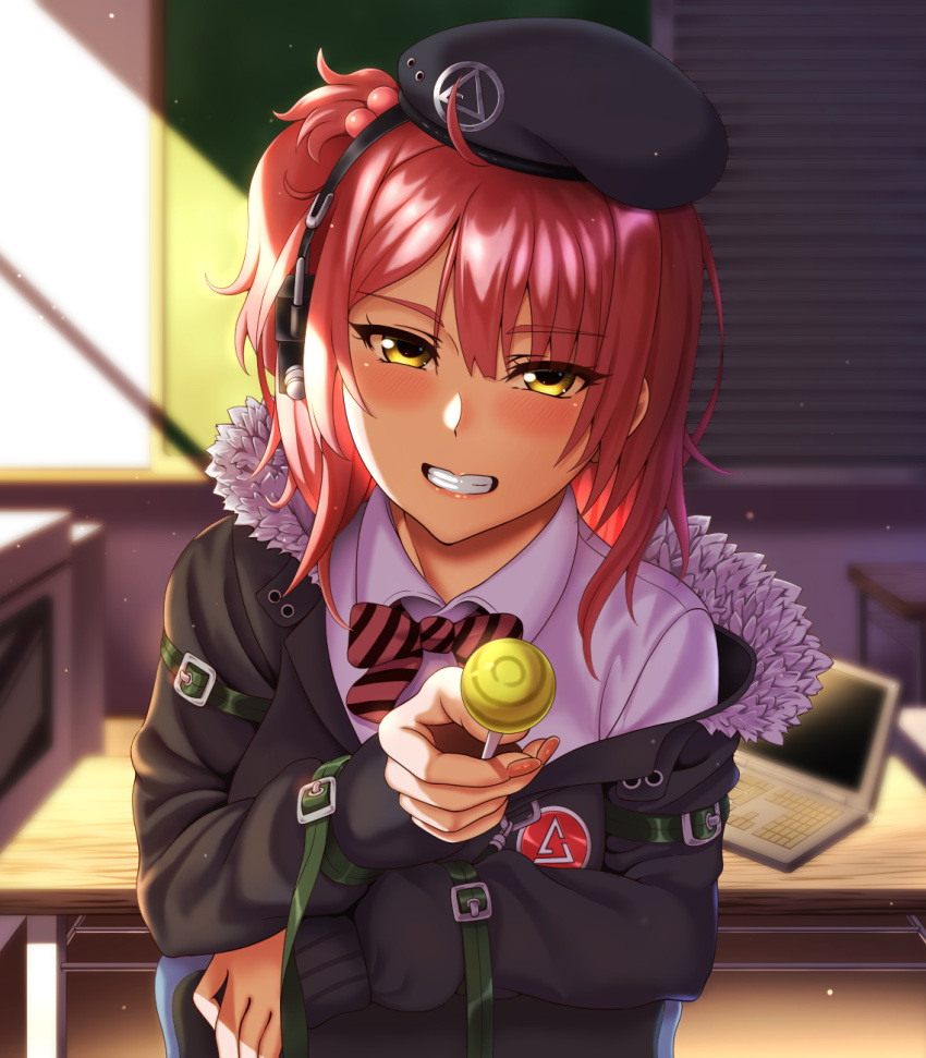1girl bangs beret black_jacket blush bow bowtie candy eyebrows_visible_through_hair food fur-trimmed_jacket fur_trim girls'_frontline hat headphones highres holding holding_candy holding_food holding_lollipop jacket lollipop long_hair looking_at_viewer mp7_(girls'_frontline) nail_polish open_mouth ouga_(user_ctzw2237) parted_lips pink_nails red_hair shirt simple_background sitting smile solo table teeth upper_body white_shirt yellow_eyes