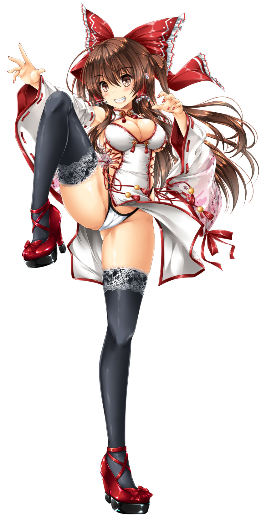 1girl black_legwear bow breasts brown_eyes brown_hair cameltoe china_dress chinese_clothes detached_sleeves dress frilled_bow frills full_body hair_bow hair_tubes hakurei_reimu high_heels highres kamiya_tomoe lace-trimmed_legwear lace_trim large_breasts long_hair panties red_bow red_footwear red_nails ribbon-trimmed_sleeves ribbon_trim short_dress sidelocks simple_background solo standing standing_on_one_leg thighhighs touhou underwear white_background white_dress white_panties wide_sleeves