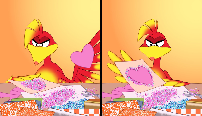 &lt;3 angry avian banjo-kazooie breegull crafting feathers female glitter hi_res holidays kazooie looking_down meme orange_background pingu_(series) rareware red_body red_feathers scissors simple_background skeletonguys-and-ragdolls solo valentine's_day valentines_day_card video_games