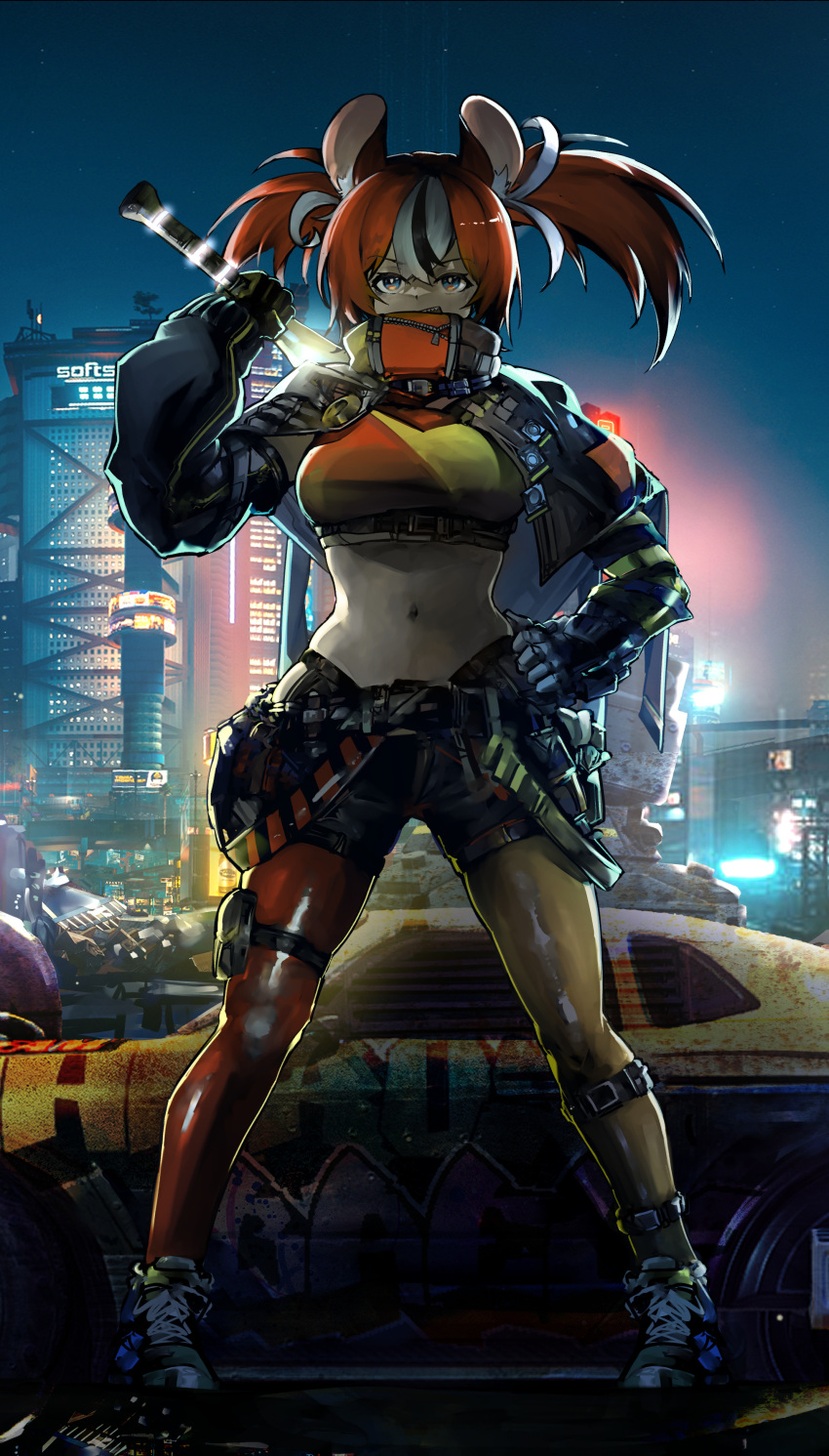 1girl absurdres alternate_costume belt black_jacket car city city_lights crop_top cyberpunk gloves ground_vehicle hakos_baelz hand_on_hip highres hololive hololive_english jacket legwear_under_shorts midriff motor_vehicle mouse_girl multicolored_hair navel night night_sky pantyhose red_hair shin_strap shoes shorts sky sneakers solo thigh_strap turtleneck turtleneck_jacket urban virtual_youtuber vyragami