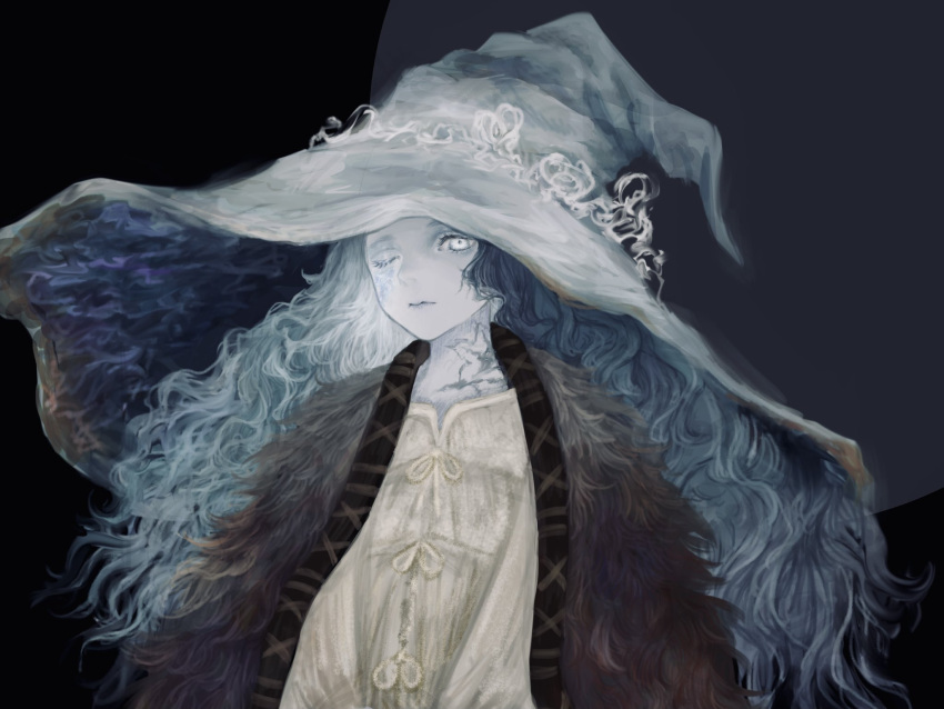 1girl blue_eyes blue_hair blue_skin cloak closed_mouth colored_skin cracked_skin dress elden_ring extra_arms fur_cloak hat highres jewelry joints long_hair looking_at_viewer one_eye_closed ranni_the_witch shirone_(coxo_ii) solo wavy_hair witch witch_hat