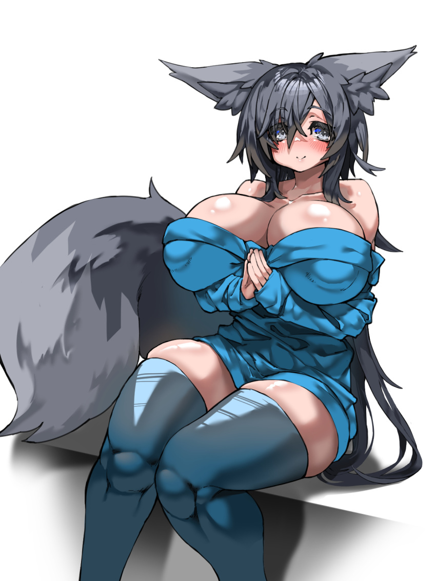 1girl animal_ear_fluff animal_ears back_hair bare_shoulders blue_eyes blue_legwear blush closed_mouth collarbone covered_nipples eyebrows_visible_through_hair eyes_visible_through_hair fox_ears fox_girl fox_tail grey_eyes hair_between_eyes highres huu_(mohujirou1811) long_hair multicolored_eyes off_shoulder original own_hands_together shiny shiny_skin skindentation sleeves_past_wrists smile solo tail thighhighs very_long_hair