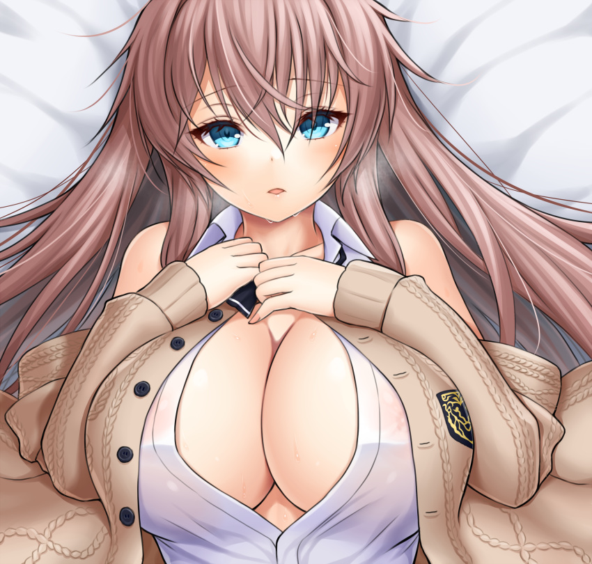1girl asamura_hiori azur_lane bed beige_cardigan blue_eyes blush breasts cardigan cleavage collared_shirt covered_nipples highres huge_breasts impero_(azur_lane) impero_(languid_librarian)_(azur_lane) large_breasts long_hair looking_at_viewer lying no_bra official_alternate_costume on_back on_bed open_mouth pink_hair see-through shirt sleeveless sleeveless_shirt solo sweater upper_body very_long_hair wet wet_clothes wet_shirt white_shirt