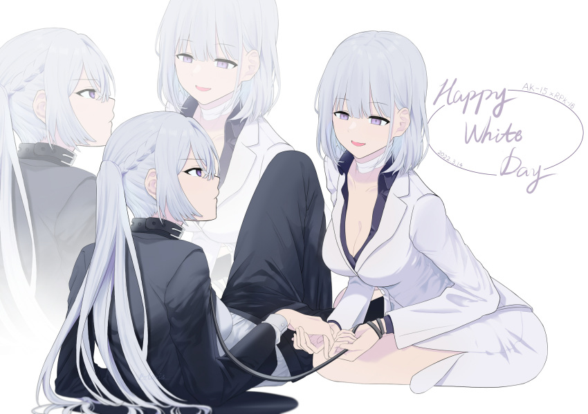 2girls ak-15_(girls'_frontline) bandaged_neck bandages bangs black_collar black_jacket black_pants blazer braid breasts business_suit character_name cleavage closed_mouth collar collarbone dated defy_(girls'_frontline) eyebrows_visible_through_hair formal girls'_frontline hand_grab happy_white_day highres jacket long_hair looking_at_another medium_breasts multiple_girls official_alternate_costume open_clothes open_jacket open_mouth pants ponytail purinmeow purple_eyes purple_shirt rpk-16_(girls'_frontline) shirt short_hair side_braid silver_hair sitting skirt smile suit white_background white_day white_jacket white_shirt white_skirt yuri