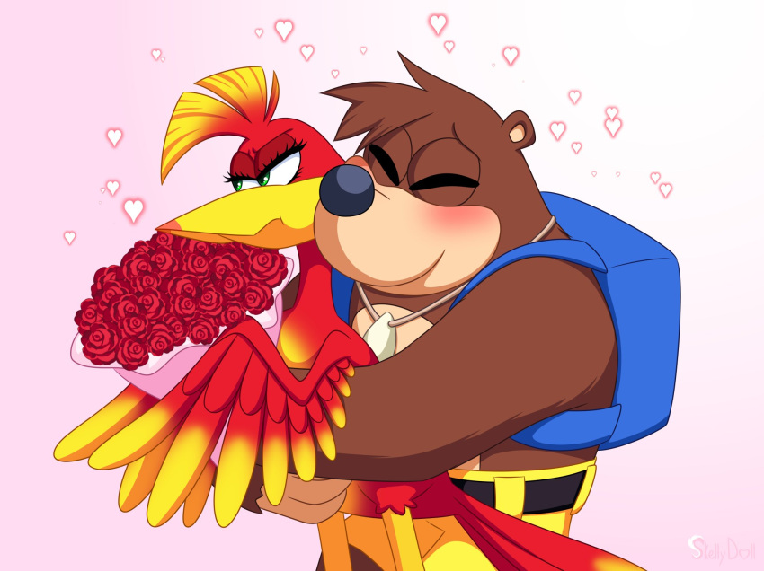 &lt;3 angry annoyed anthro avian backpack banjo-kazooie banjo_(banjo-kazooie) bottomwear bouquet breegull brown_body brown_fur cheek_to_cheek clothing duo embrace eyelashes eyes_closed feathers female fur half-closed_eyes happy hi_res holidays hug hugging_from_behind kazooie male male/female mammal narrowed_eyes pink_background pouting rareware red_body red_feathers red_rose shorts simple_background skeletonguys-and-ragdolls tsundere ursid valentine's_day video_games yellow_bottomwear yellow_clothing yellow_shorts