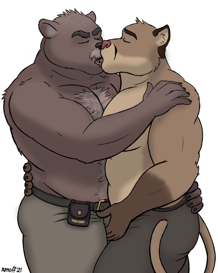 age_difference alen anthro bottomwear clothing cougar duo embrace felid feline french_kissing groping_bulge hi_res hug kissing male male/male mammal musclegut muscular muscular_male nanoff older_male open_mouth pants pervader reamus_(pervader) shirtless side_view ursid