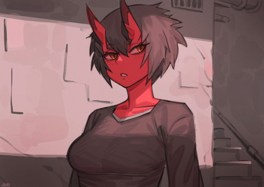 1girl black_hair black_shirt breasts colored_skin horns kidouko_(zakusi) looking_at_viewer medium_breasts oni oni_horns orange_eyes original parted_lips red_oni red_skin shirt short_hair signature solo stairs upper_body zakusi