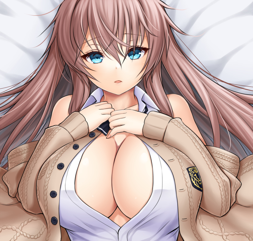 1girl asamura_hiori azur_lane bed beige_cardigan blue_eyes blush breasts cardigan cleavage collared_shirt highres impero_(azur_lane) impero_(languid_librarian)_(azur_lane) large_breasts long_hair looking_at_viewer lying no_bra official_alternate_costume on_back on_bed open_mouth pink_hair shirt sleeveless sleeveless_shirt solo sweater upper_body very_long_hair white_shirt