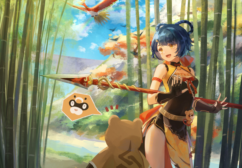 1girl :d arm_scrunchie bamboo bangs bare_shoulders black_gloves blue_hair cloud cloudy_sky commentary_request cowboy_shot eyebrows_visible_through_hair fingerless_gloves flameaqua from_behind genshin_impact gloves guoba_(genshin_impact) hair_rings happy highres ho-oh leotard looking_to_the_side notice_lines open_mouth outdoors outstretched_hand pelvic_curtain pokemon pokemon_(creature) polearm rainbow red_ribbon ribbon river short_hair sky sleeveless smile spear standing swept_bangs thighs weapon xiangling_(genshin_impact) yellow_eyes yellow_leotard