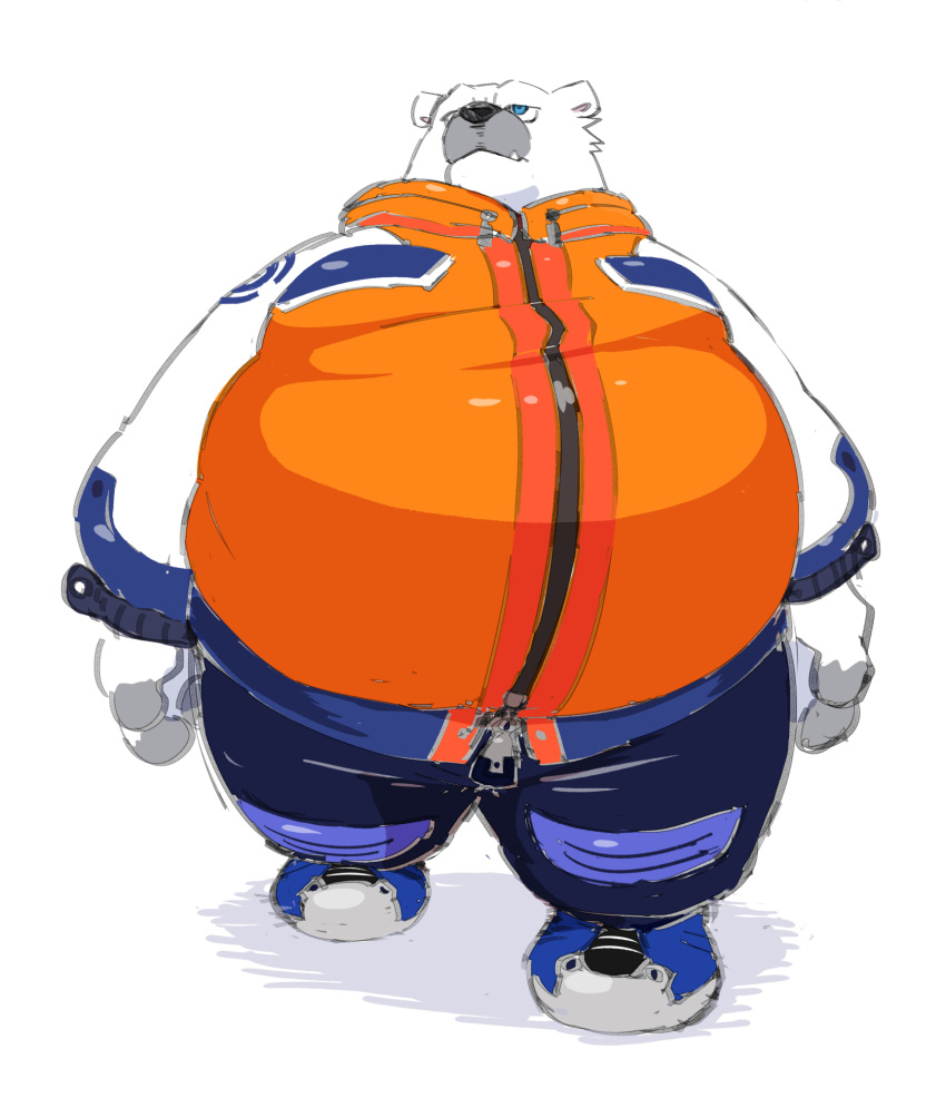 2022 anthro belly big_belly biped black_nose bottomwear clothing gokrakstyle hi_res kemono male mammal obese obese_male overweight overweight_male pants polar_bear simple_background solo ursid ursine white_background white_body