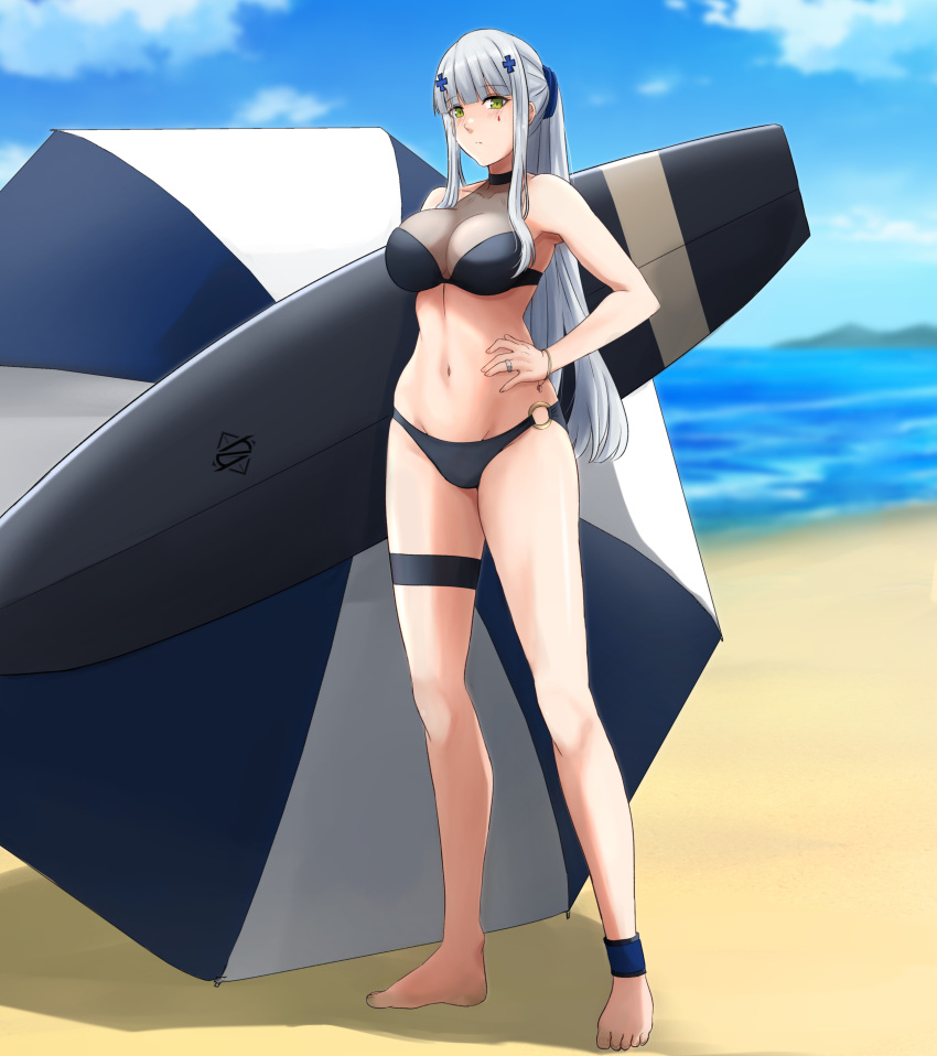 1girl absurdres alternate_costume bangs beach beach_umbrella bikini black_bikini black_swimsuit blue_sky blush bracelet breasts cleavage closed_mouth cyka eyebrows_visible_through_hair full_body girls'_frontline green_eyes hair_ornament hairclip hand_on_hip highres hk416_(girls'_frontline) holding holding_surfboard jewelry large_breasts light_blue_hair long_hair looking_at_viewer navel no_shoes ponytail ring sand sky solo standing surfboard swimsuit teardrop_facial_mark teardrop_tattoo umbrella
