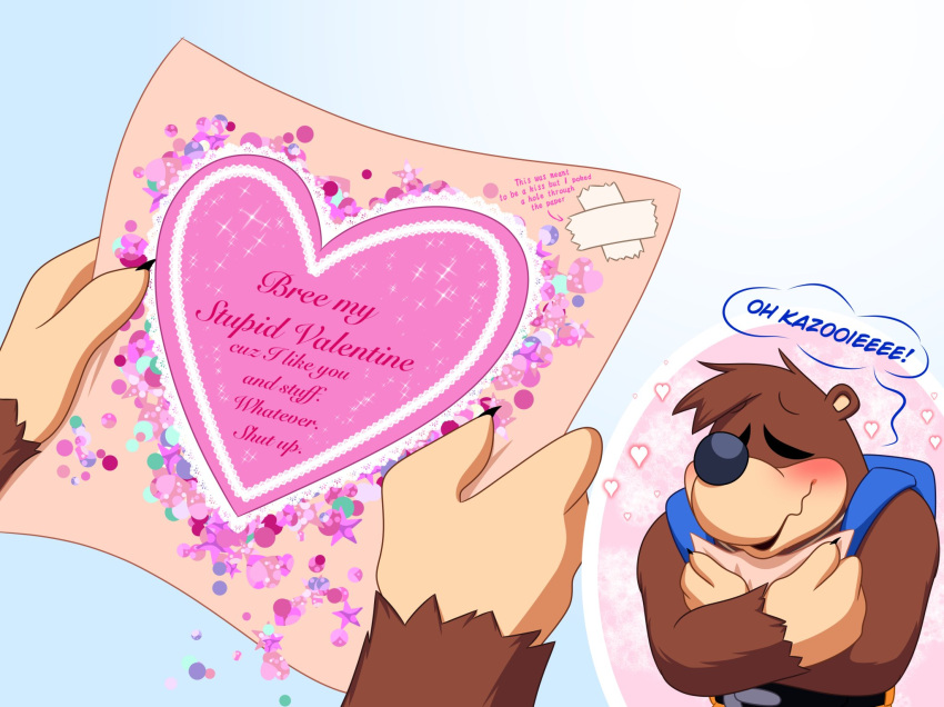 &lt;3 anthro backpack banjo-kazooie banjo_(banjo-kazooie) blush brown_body brown_fur eyes_closed fur happy hi_res holding_letter holidays hugging_object male mammal patched rareware skeletonguys-and-ragdolls smile solo tsundere ursid valentine's_day valentines_day_card video_games wavy_mouth