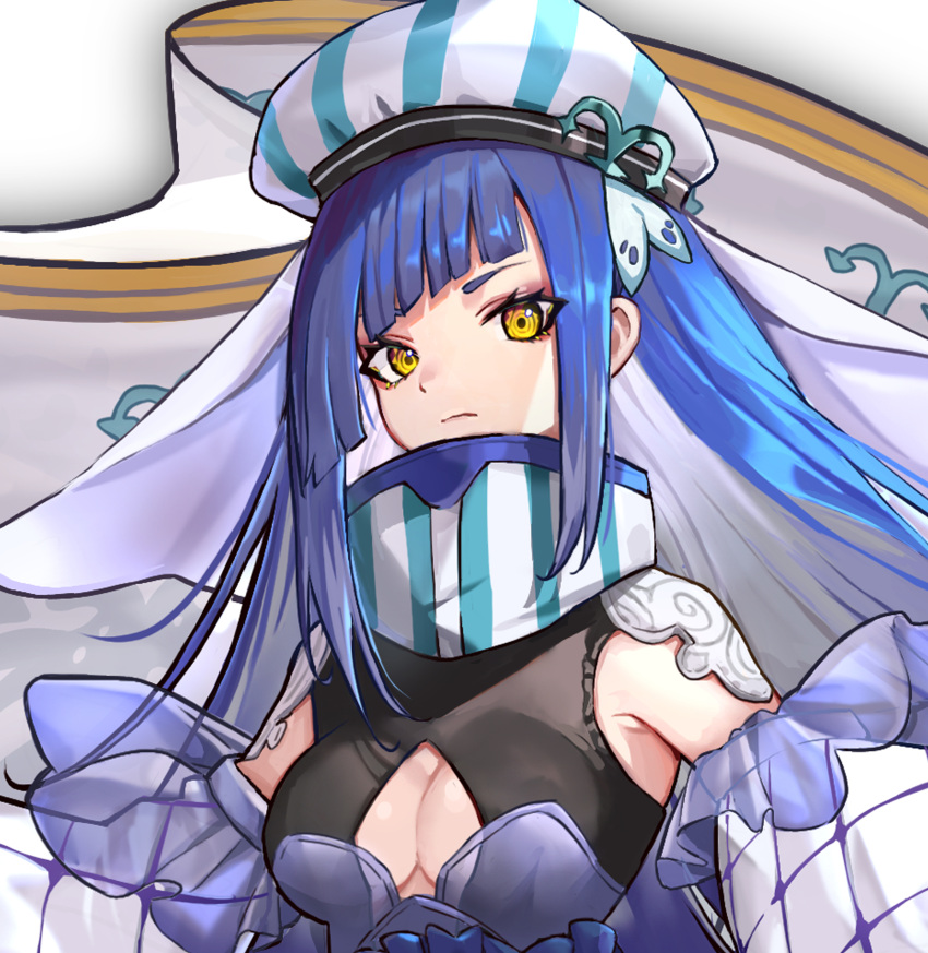 1girl absurdres blue_hair cleavage_cutout closed_mouth clothing_cutout cropped eyelashes flag hat highres long_hair multicolored_hair original sanada_keisui see-through solo striped striped_headwear stripped tsurime two-toned_hair upper_body white_hair white_headwear yellow_eyes