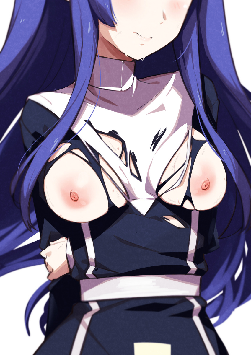 1girl blue_hair breasts breasts_out crying head_out_of_frame highres long_hair morisobo nipples orie_(under_night_in-birth) simple_background solo torn_clothes under_night_in-birth very_long_hair