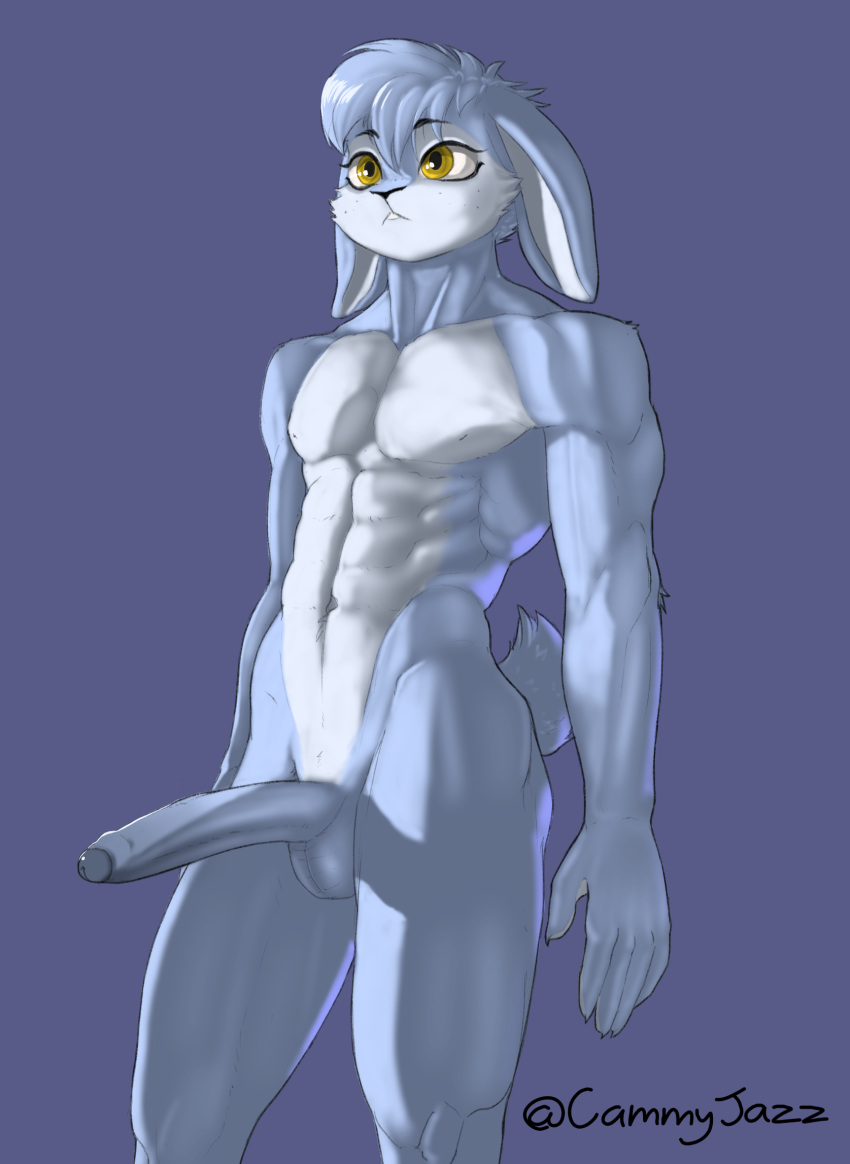 2022 abs anthro big_penis blue_body blue_fur cammyjazz erection foreskin fur genitals hair hi_res humanoid_genitalia humanoid_penis lagomorph leporid long_ears long_penis looking_aside male mammal muscular muscular_anthro muscular_male penis pinup pose rabbit simple_background solo yellow_eyes