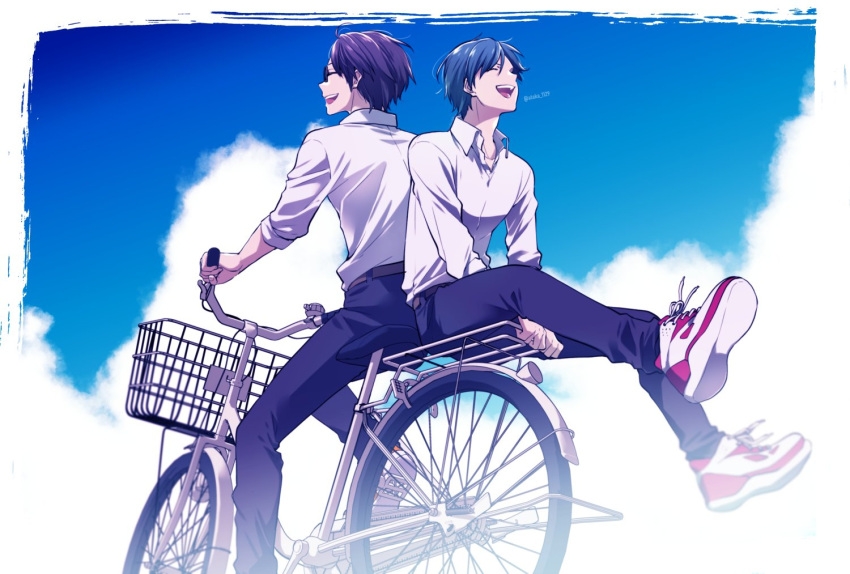2boys :d artist_name ataka_takeru back-to-back belt bicycle bicycle_basket black_hair black_pants blue_hair blue_sky closed_eyes cloud collared_shirt day glasses ground_vehicle laughing long_sleeves male_focus multiple_boys multiple_riders outdoors pants riding_bicycle ryman's_club shiratori_mikoto_(ryman's_club) shirt shirt_tucked_in shoes short_hair sideways_mouth sky sleeves_folded_up smile sneakers tachibana_azuma white_shirt