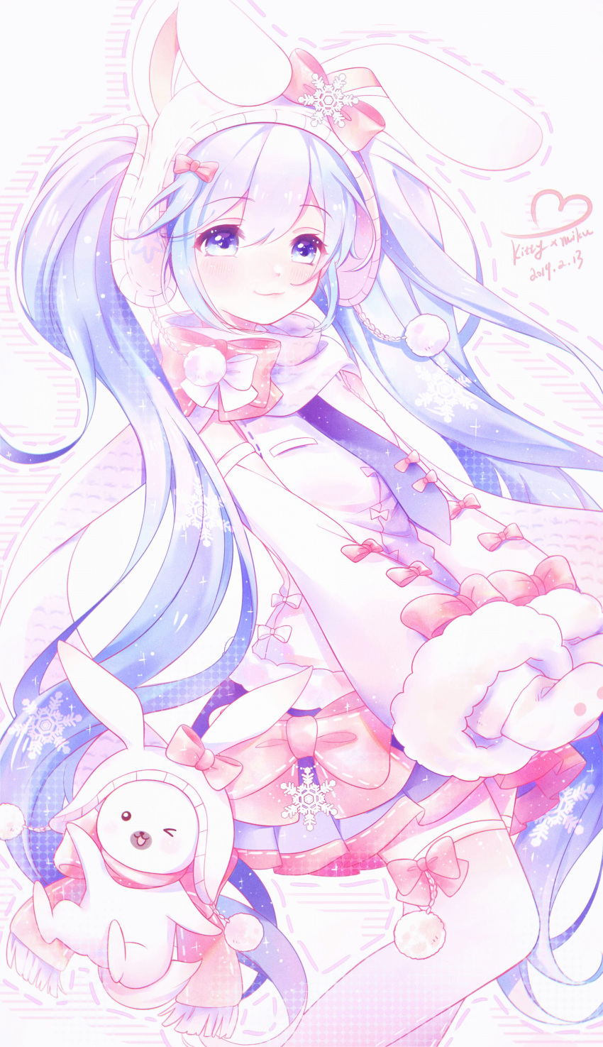 1girl absurdres bangs blue_eyes blue_hair blue_skirt bow bunny crossover detached_sleeves english_text eyebrows_visible_through_hair gloves hat hatsune_miku hello_kitty highres long_hair mamemame necktie one_eye_closed pink_bow rabbit_yukine scarf shirt simple_background skirt smile snowflakes solo solo_focus symbol-only_commentary thighhighs twintails very_long_hair vocaloid white_background white_shirt winter_clothes yuki_miku zettai_ryouiki