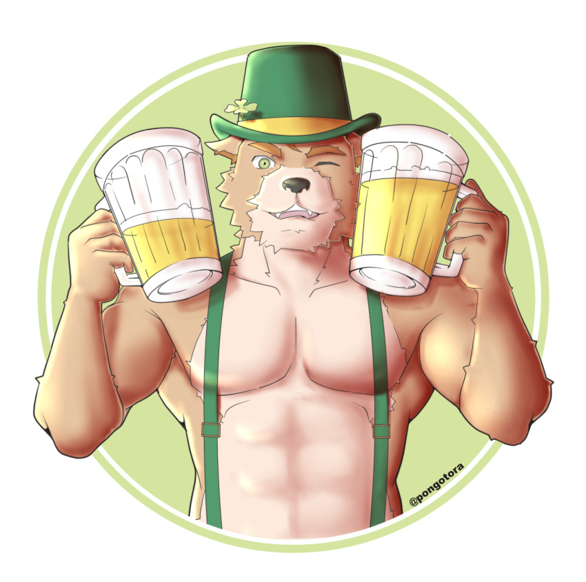 abs alcohol anthro beer beverage canid canine canis clothing clover domestic_dog gaouu glass green_eyes hat headgear headwear hi_res holidays male mammal mug muscular pongotora shiba_inu solo spitz st._patrick's_day suspenders uniform