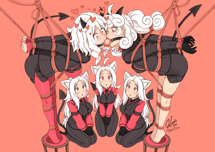 5girls ahoge animal_ears arms_behind_back aster-effect ball_gag bare_legs barefoot bdsm bent_over black_horns black_suit black_tail black_vest blush bondage bound bound_arms bound_legs bound_torso breast_bondage breasts cerberus_(helltaker) curly_hair demon_girl demon_tail dog_ears dog_girl drooling face-to-face formal full_body gag gagged gloves hand_rest heart helltaker horns jacket long_hair long_sleeves looking_at_another looking_up medium_hair miniskirt modeus_(helltaker) multiple_girls nail_polish no_eyewear no_shoes nose_blush pandemonica_(helltaker) pant_suit pants pantyhose parted_lips pencil_skirt red_background red_eyes red_shirt restrained rope seiza shibari shibari_over_clothes shirt sidelocks simple_background sitting skirt standing stationary_restraints stool suit suspension tail tail_through_clothes tiptoes toenails toes triplets vest white_hair