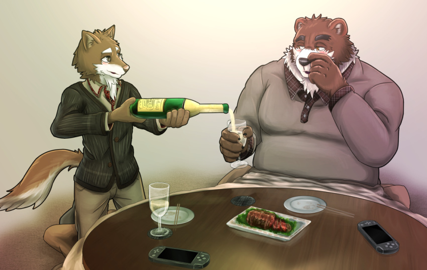 2013 anthro belly big_belly blush bottomwear brown_body brown_fur canid canine clothing detailed_background drinking duo food fur humanoid_hands kemono kotatsu male male/male mammal oaks16 pants playstation playstation_portable shirt sitting sony_corporation sony_interactive_entertainment sweater topwear ursid video_games