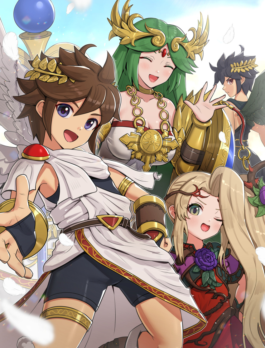 2boys 2girls armlet breasts dark_pit dress eyebrows_visible_through_hair forehead_jewel gonzarez highres jewelry kid_icarus kid_icarus_uprising laurel_crown looking_at_viewer multiple_boys multiple_girls nachure one_eye_closed palutena pendant pit_(kid_icarus) strapless strapless_dress tiara vambraces