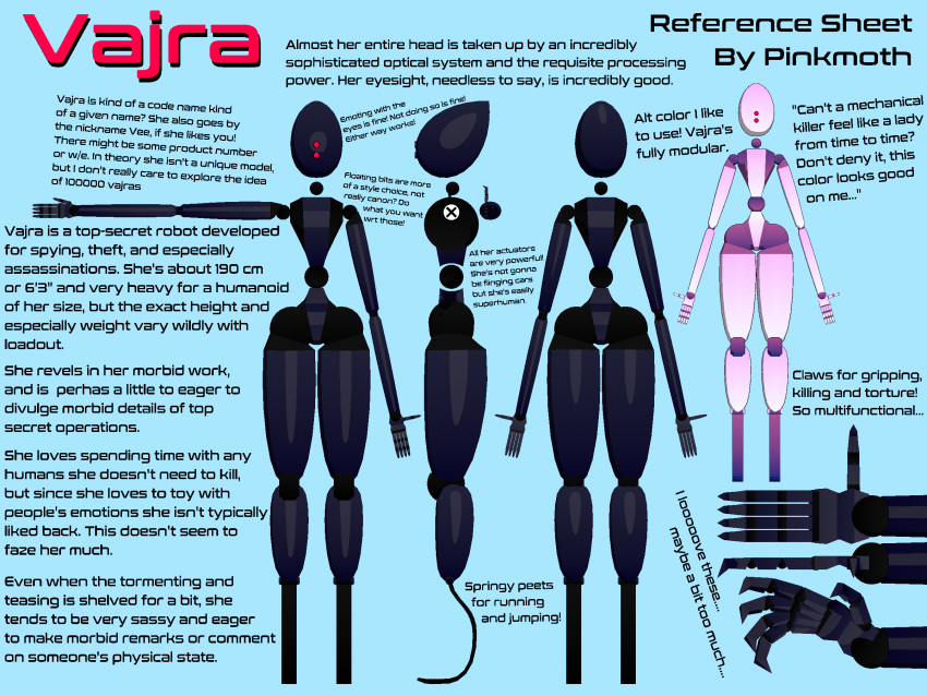 2022 a-pose android assassin black_chassis blender_(software) claws curvy_figure english_text female hi_res hourglass_figure humanoid machine model_sheet pink_chassis pinkmoth red_eyes robot solo spy text vajra