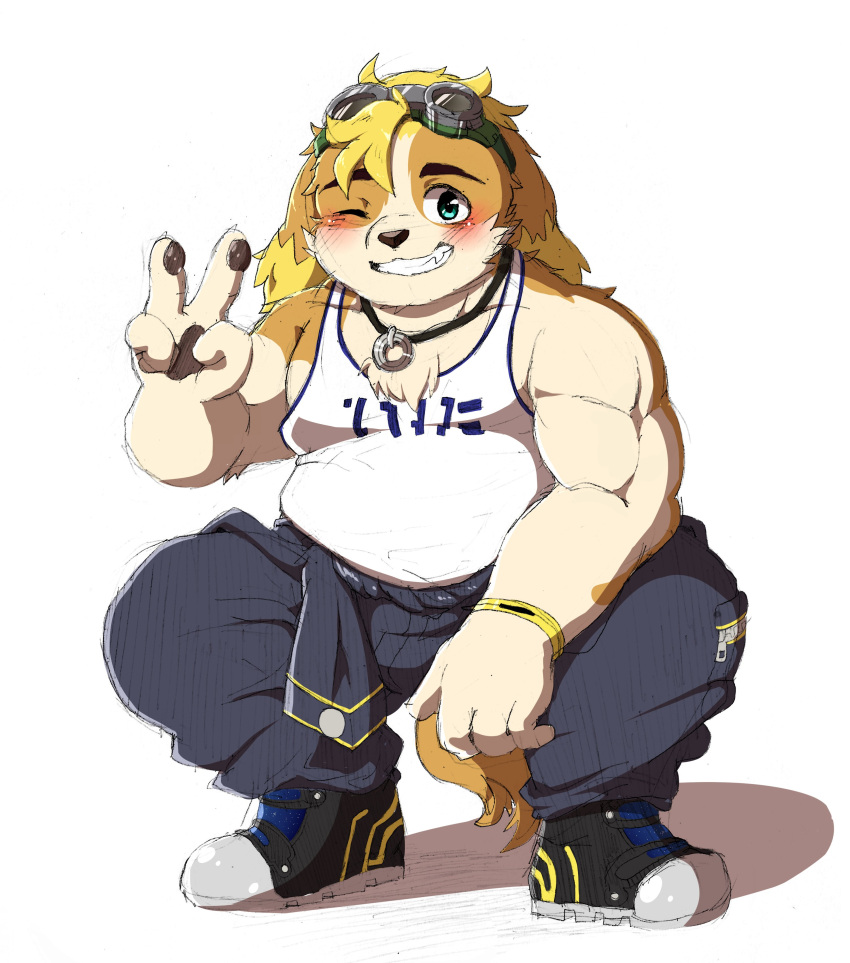 absurd_res anthro belly biceps blush canid canine canis chobab_789 clothing crouching domestic_dog floppy_ears gesture grin hi_res hisaki_(live-a-hero) jewelry lifewonders live-a-hero male mammal musclegut necklace one_eye_closed shirt smile solo tank_top topwear v_sign video_games wink